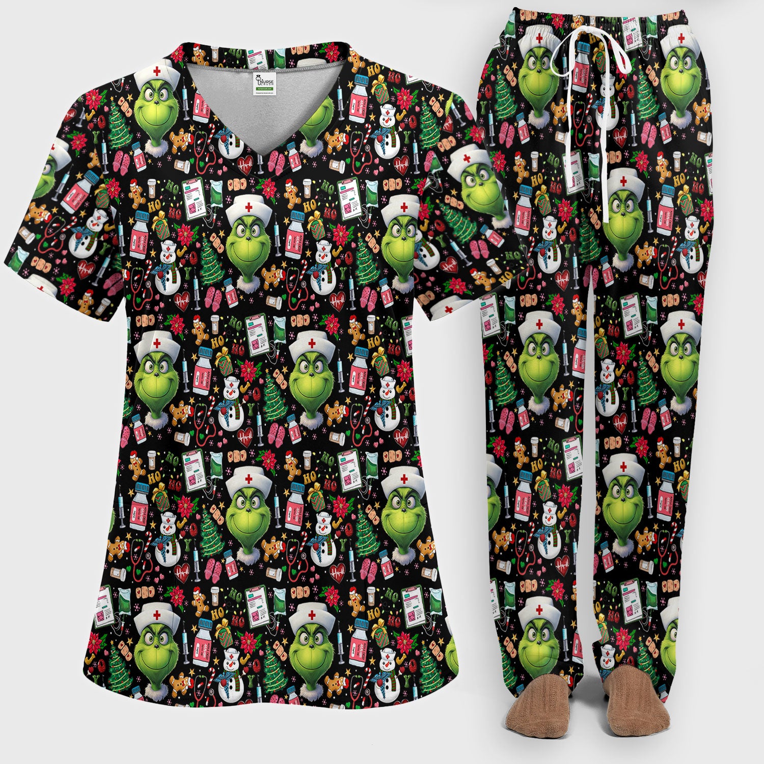 Merry Grinchmas Scrub Set for Women - Comfortable Nursing Pants - Christmas Medical Uniform - Holiday Ugly Sweater Gift for Her