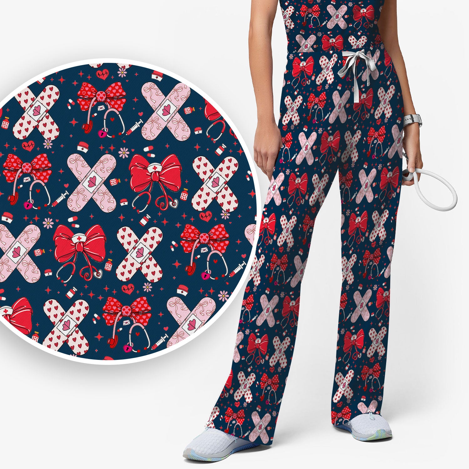 Valentine Nurse Scrub Set, Red Bow And Heart Bandage Pattern Medical Shirt, Breathable Fabrics Nursing Uniform
