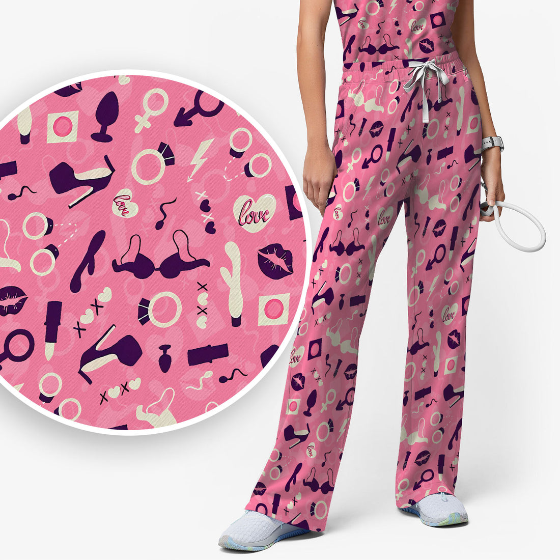 Valentine Pattern Nurse Scrub Set, Pink Love Nurse Shirt, Breathable Fabrics Nursing Uniform