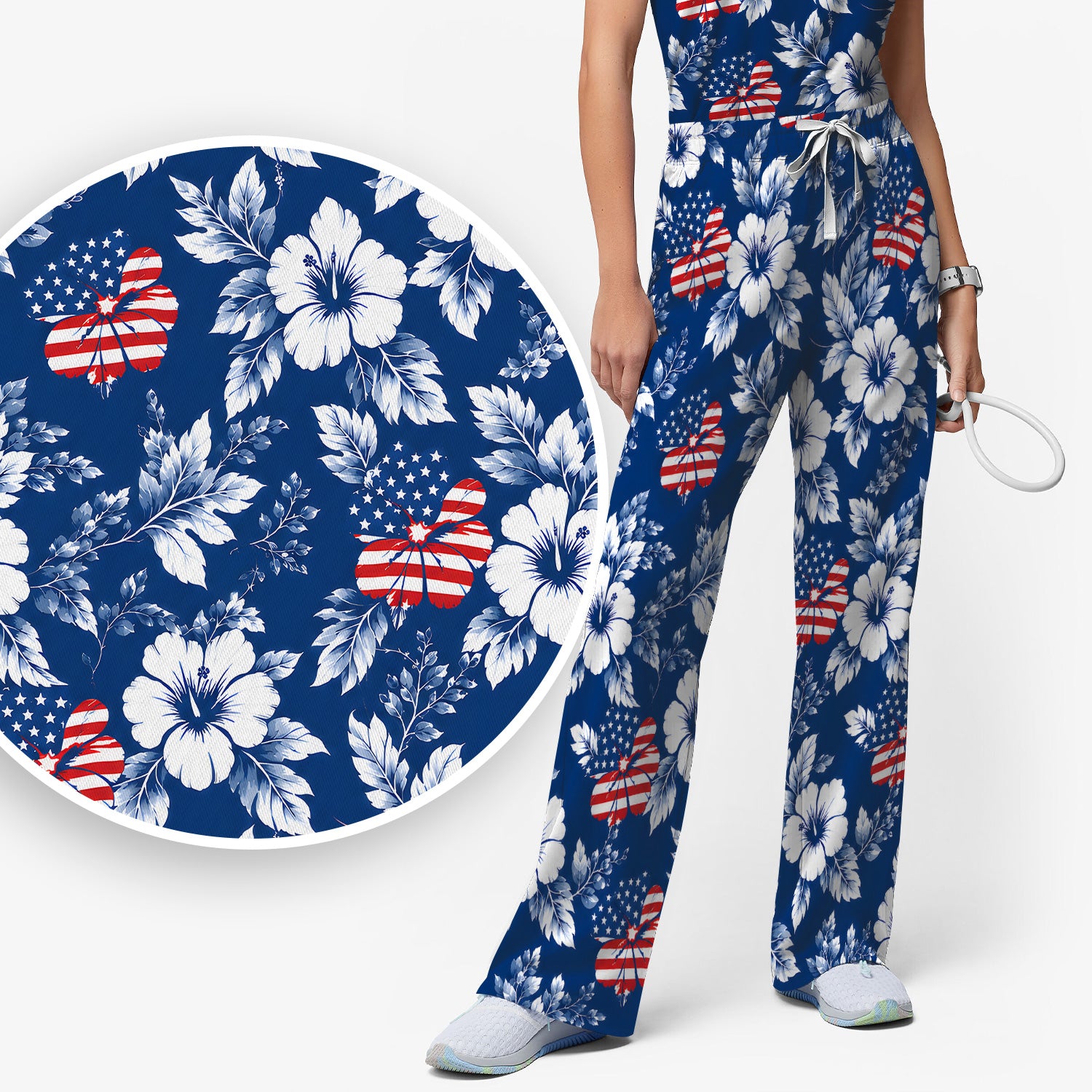 Patriotic Butterfly Floral Nurse for RN & CNA, American Flag Healthcare Workers Uniform Scrub Set, Scrub Pants and V Neck Top