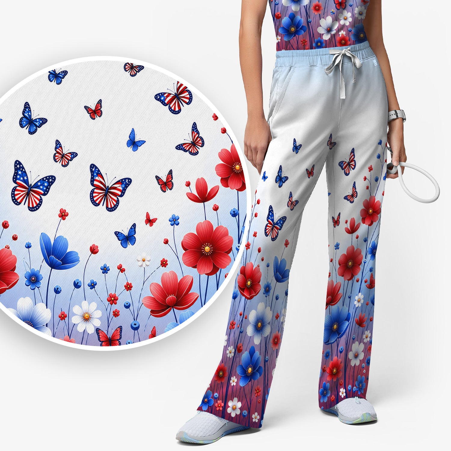 Patriotic Butterfly Wildflower Garden Pattern Scrub Set, Scrub Pants and V Neck Top