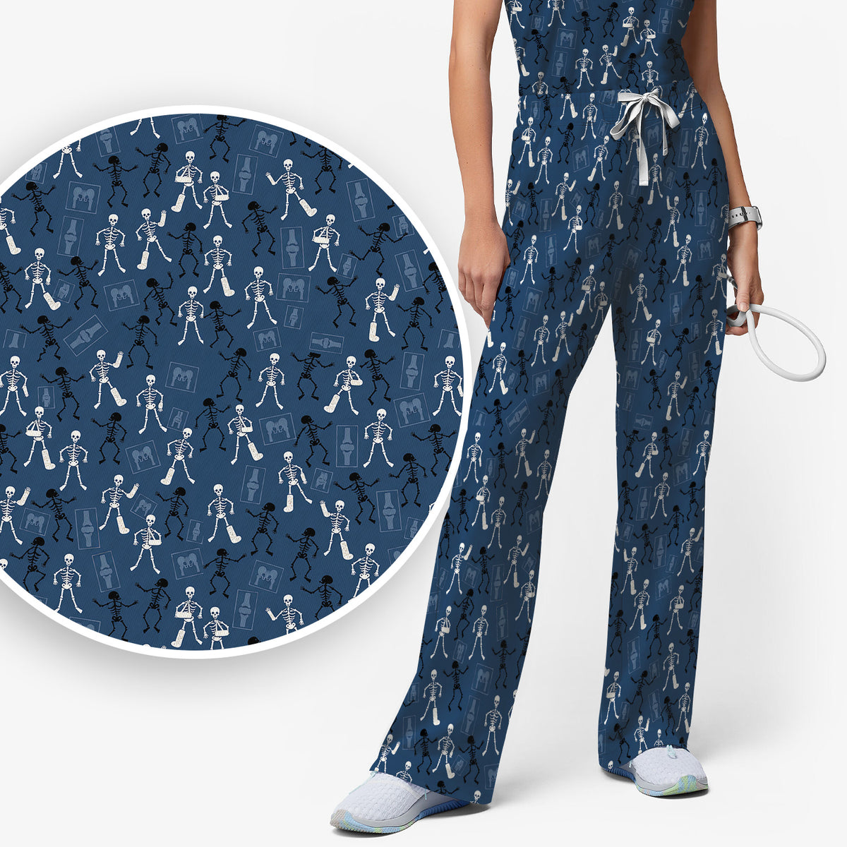 Halloween Orthopedic Skeleton Scrub Set, Scrub Pants and V Neck Top for Orthopedic Nurses