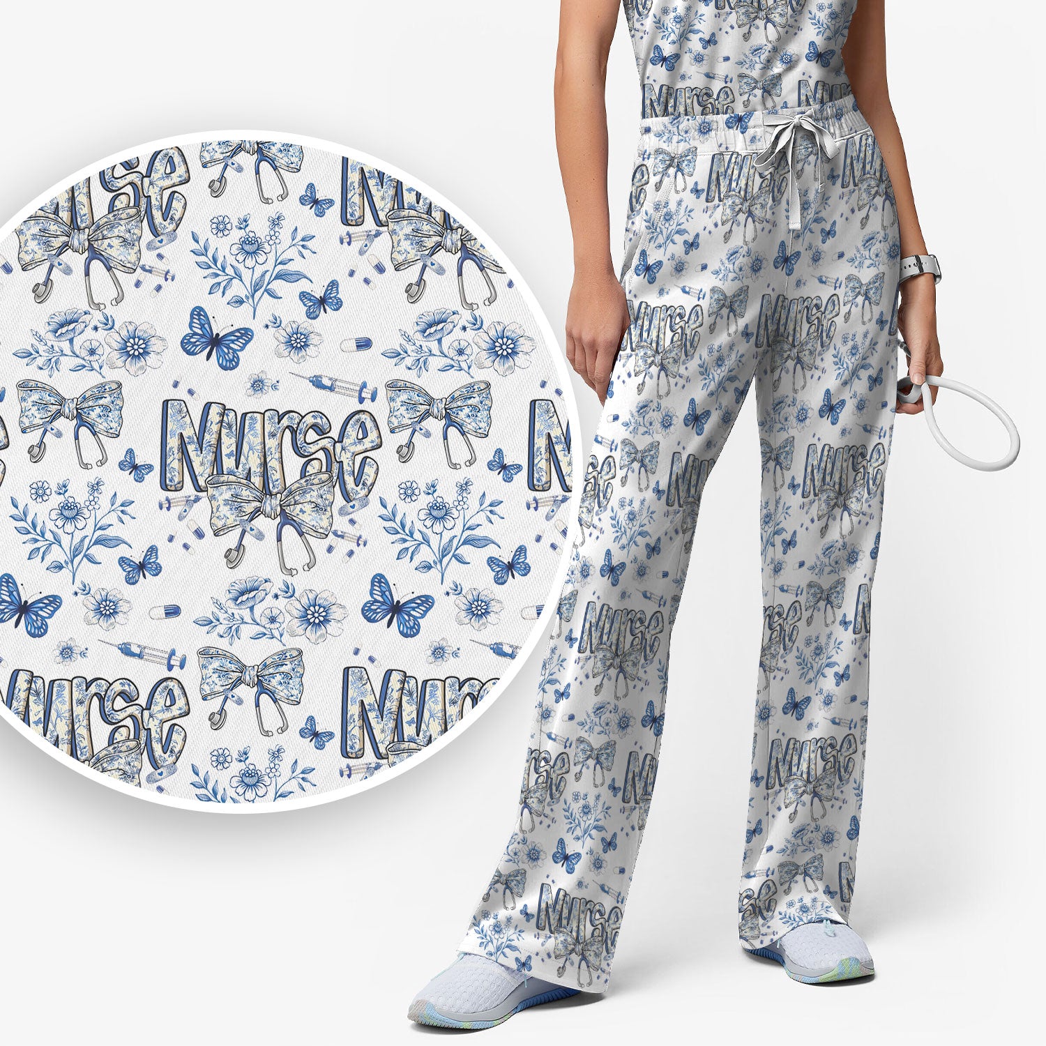 Blue Nurse Bow Butterfly Floral Pattern Scrub Set,  Breathable Med Uniform