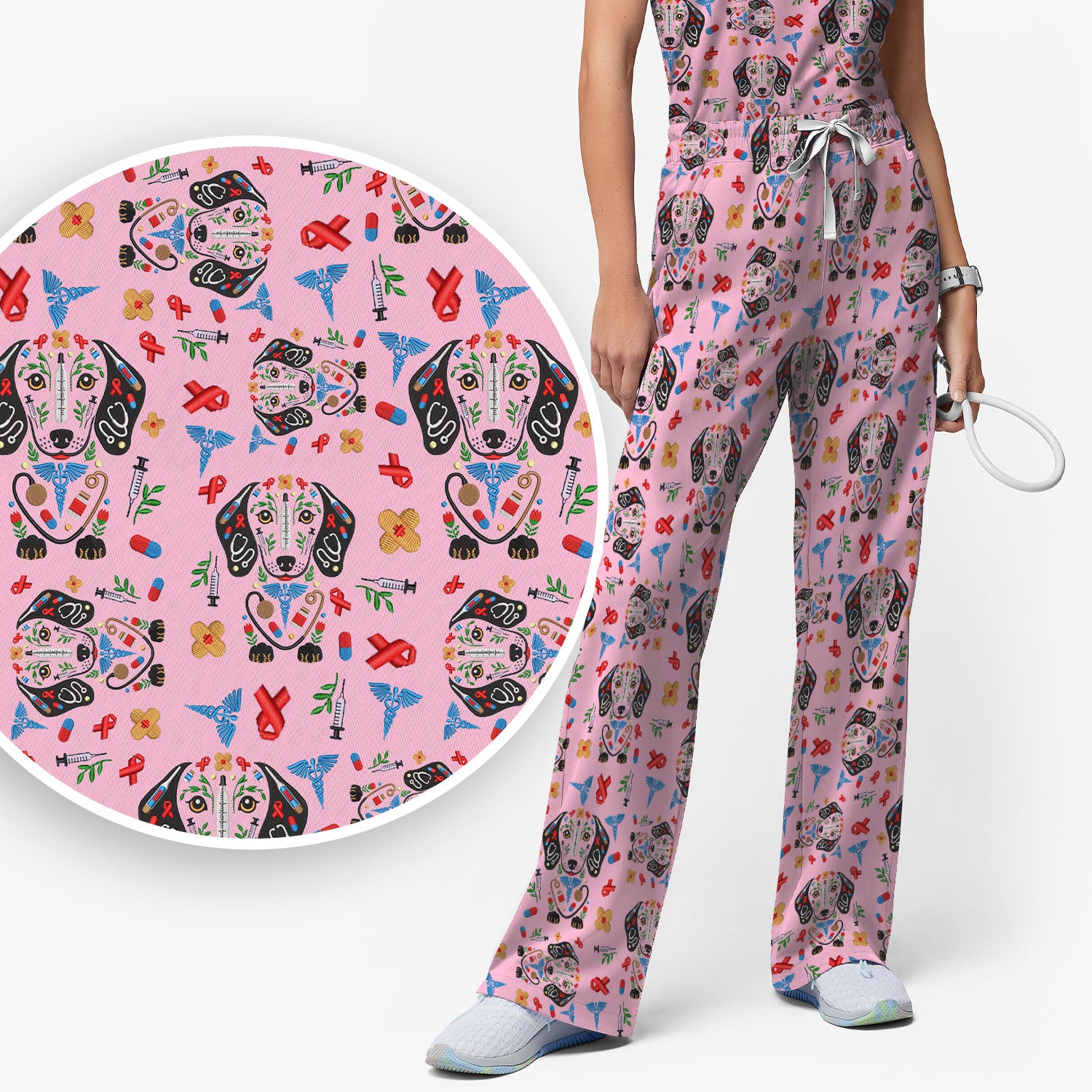 Dachshund Medical Icon Pattern Scrub Set, Women's Scrub Sets