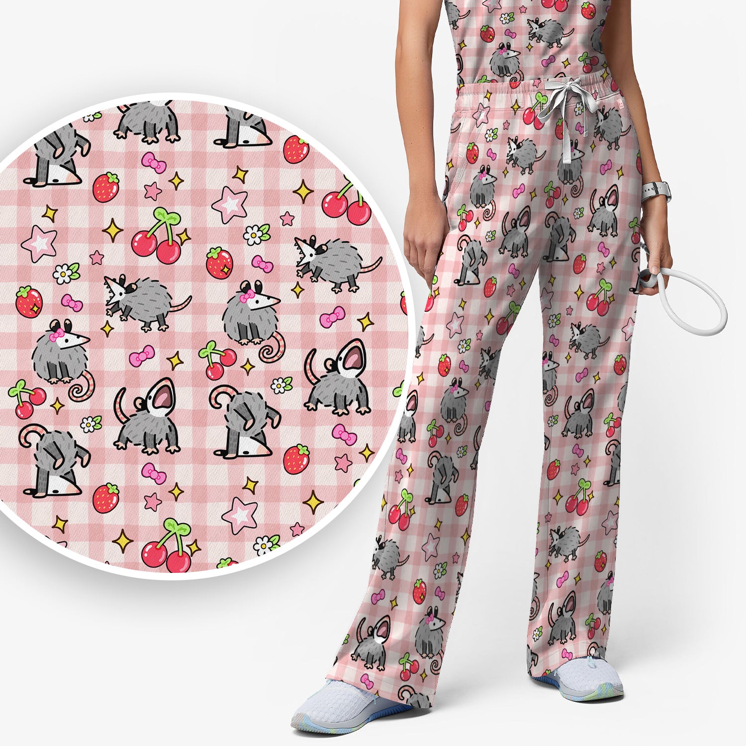 Cute Opossum And Cherries Gingham Pattern Scrub Set, Scrub Pants and V Neck Top