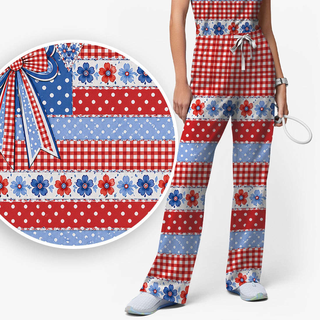 Patriotic Gingham Bow Floral Pattern Scrub Set, Scrub Pants and V Neck Top