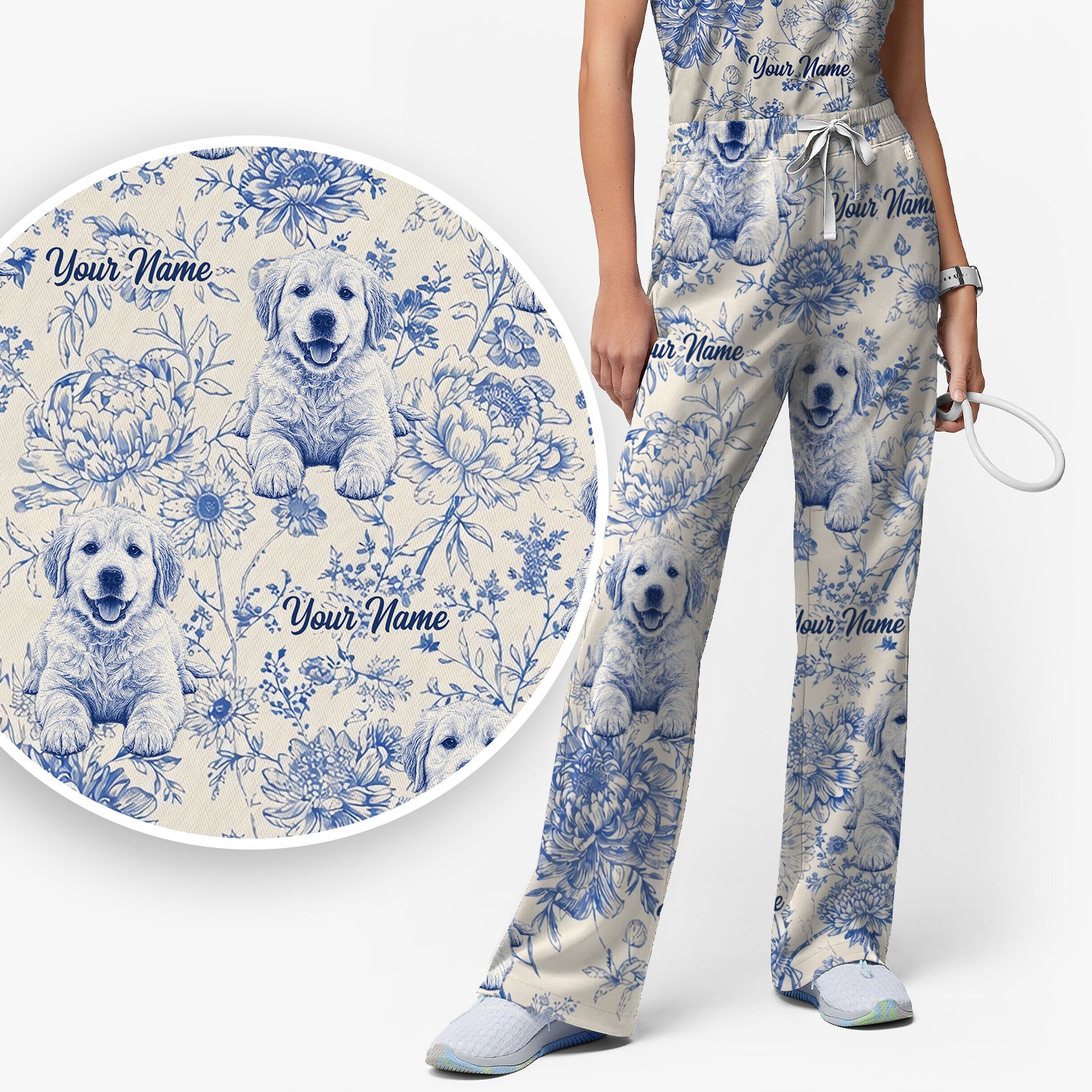 Personalized Custom Pet Photo Name Floral Pattern Scrub Set, Scrub Pants and V Neck Top