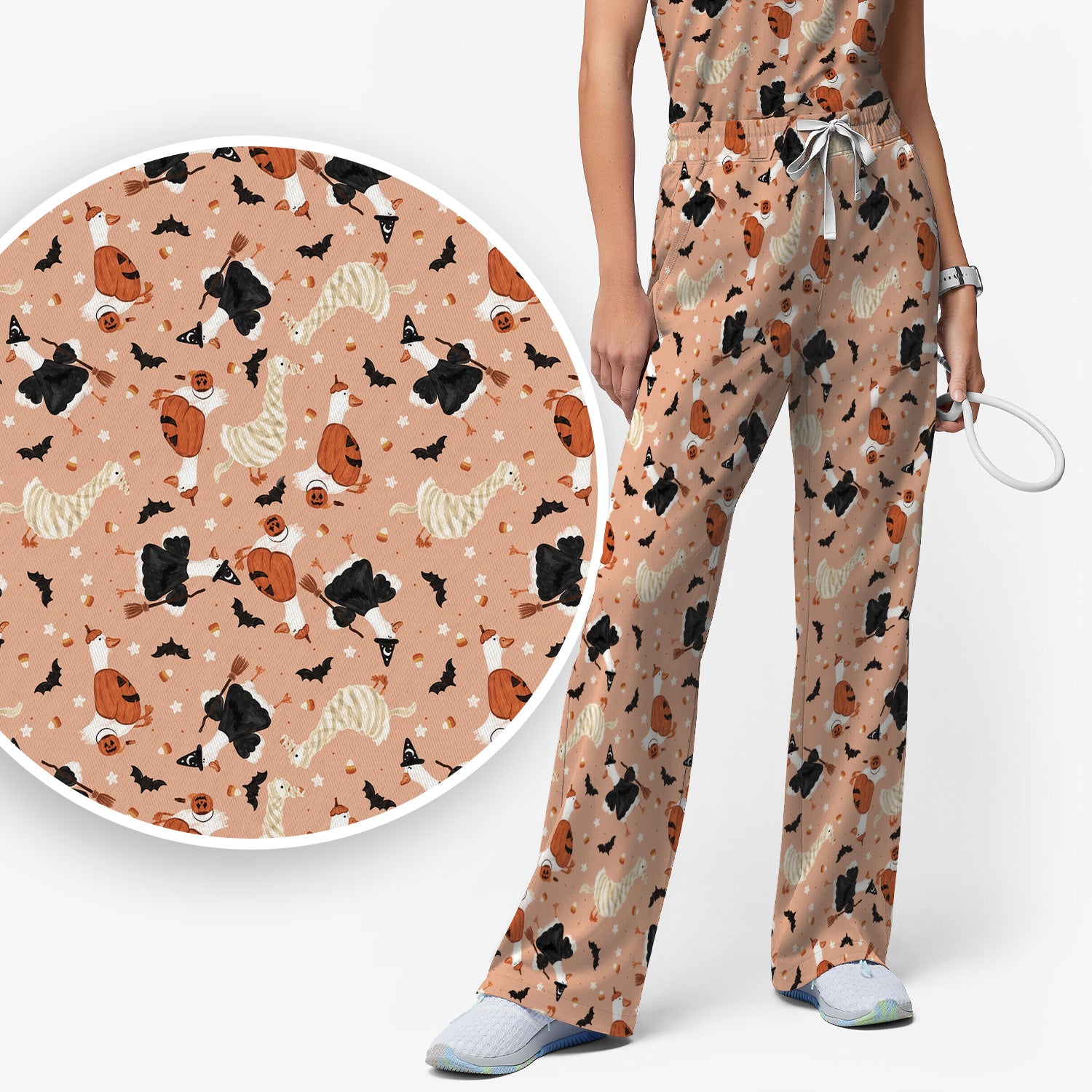 Halloween Goose with Pumpkin Bat Pattern Scrub Set, Scrub Pants and V Neck Top