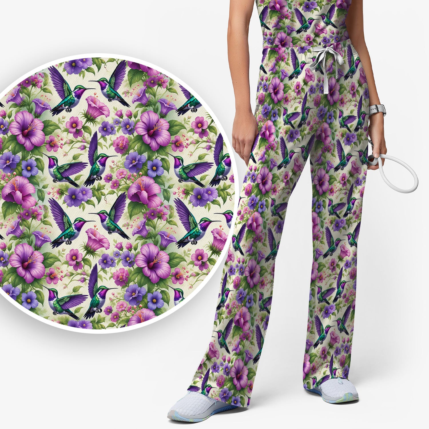 Purple Hummingbird Hibiscus Floral Pattern Scrub Set, Scrub Pants and V Neck Top
