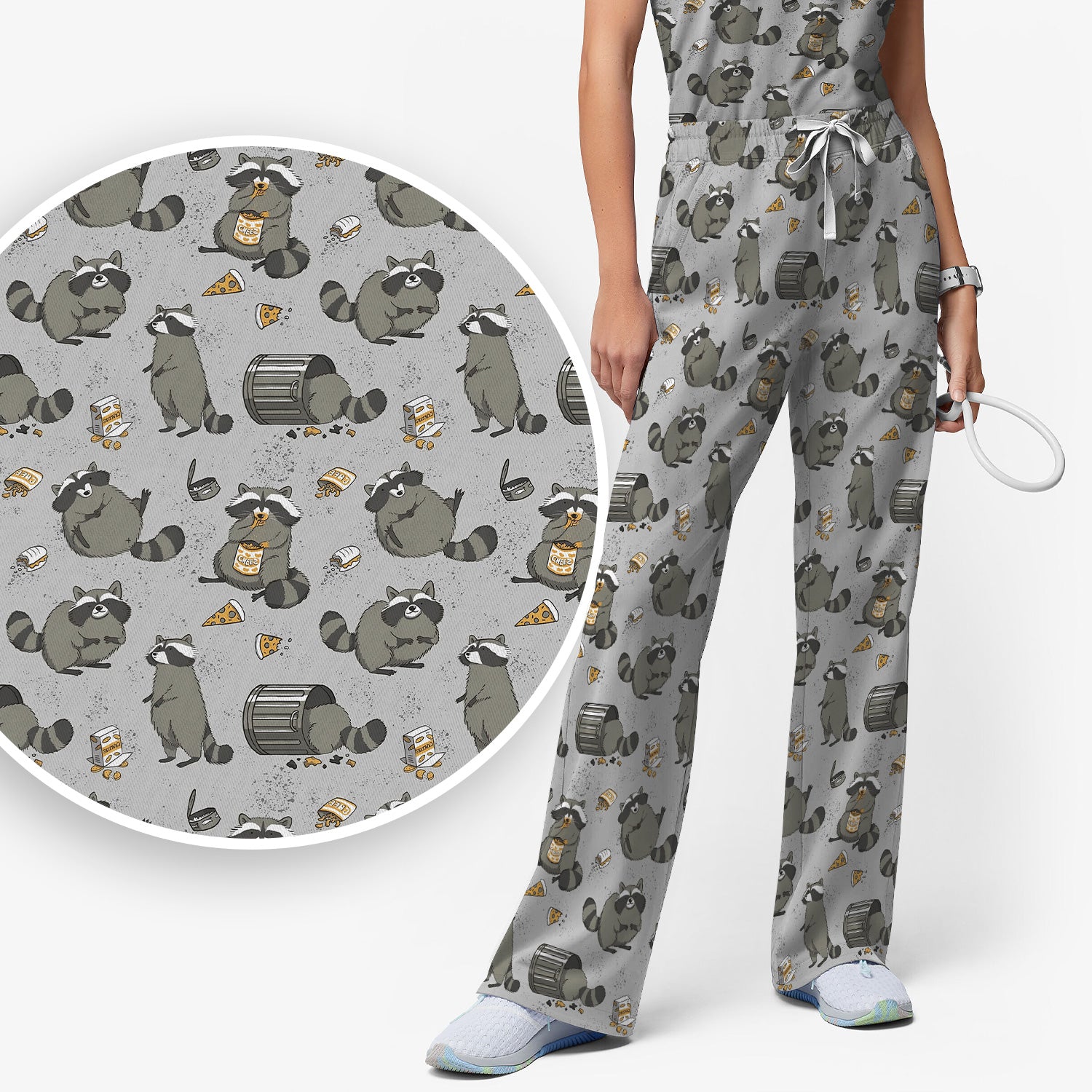Raccoon Snack And Trash Can Pattern Scrub Set, Breathable Med Uniform
