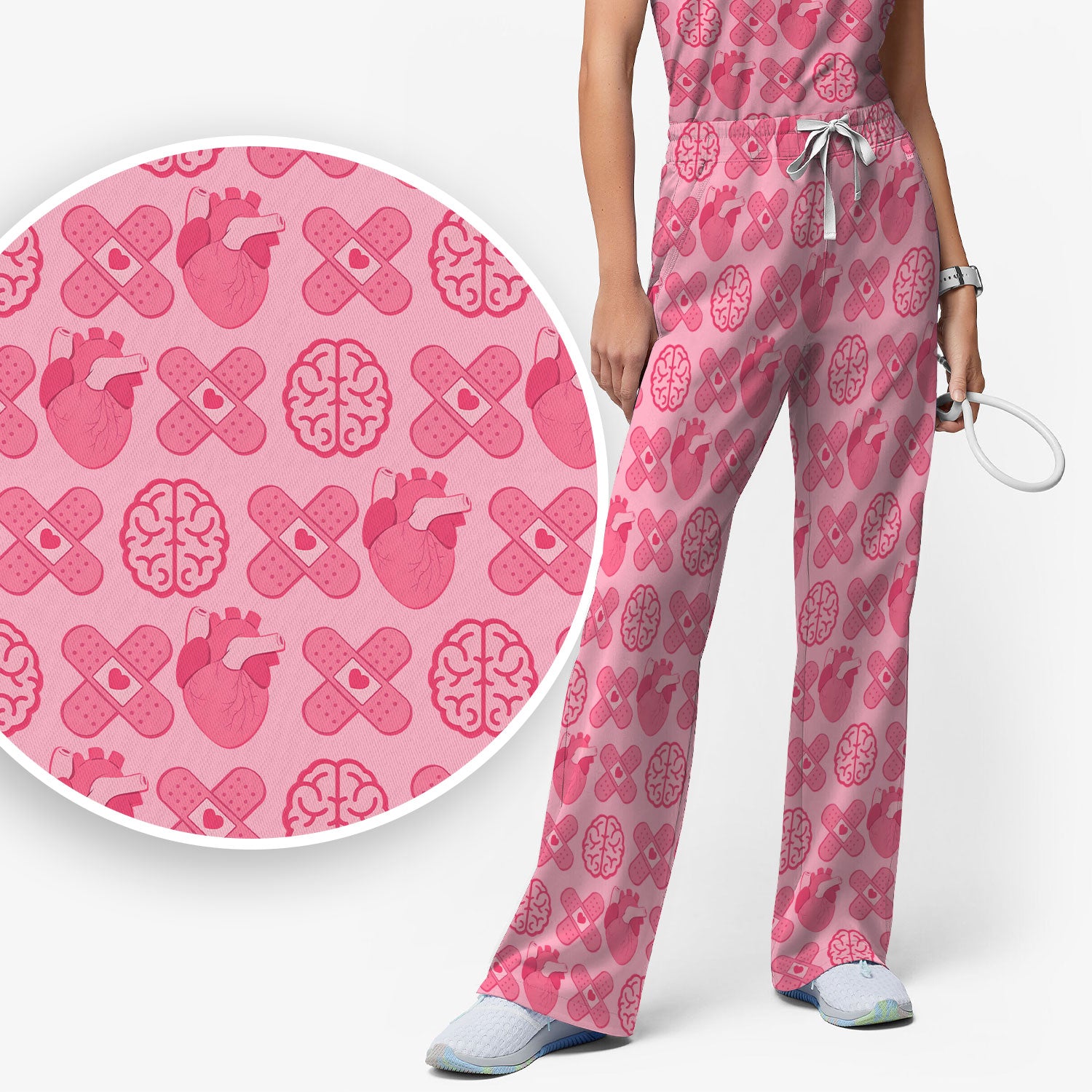 Heart & Brain Medical Icon Pattern Scrub Set, Scrub Pants and V Neck Top