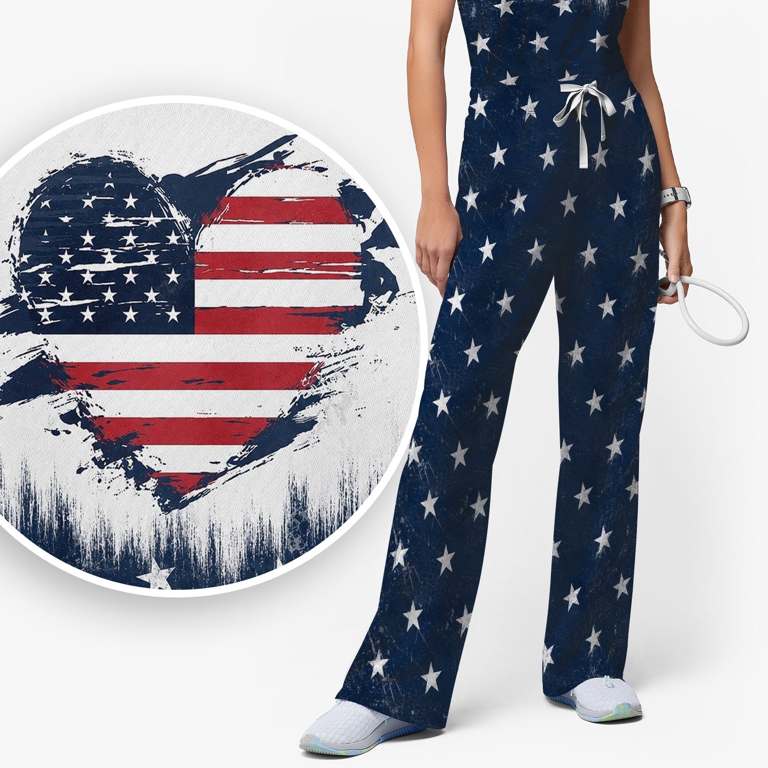 Patriotic Nurse Adorable Scrub Top USA Heart Pattern Scrub Set, Scrub Pants and V Neck Top