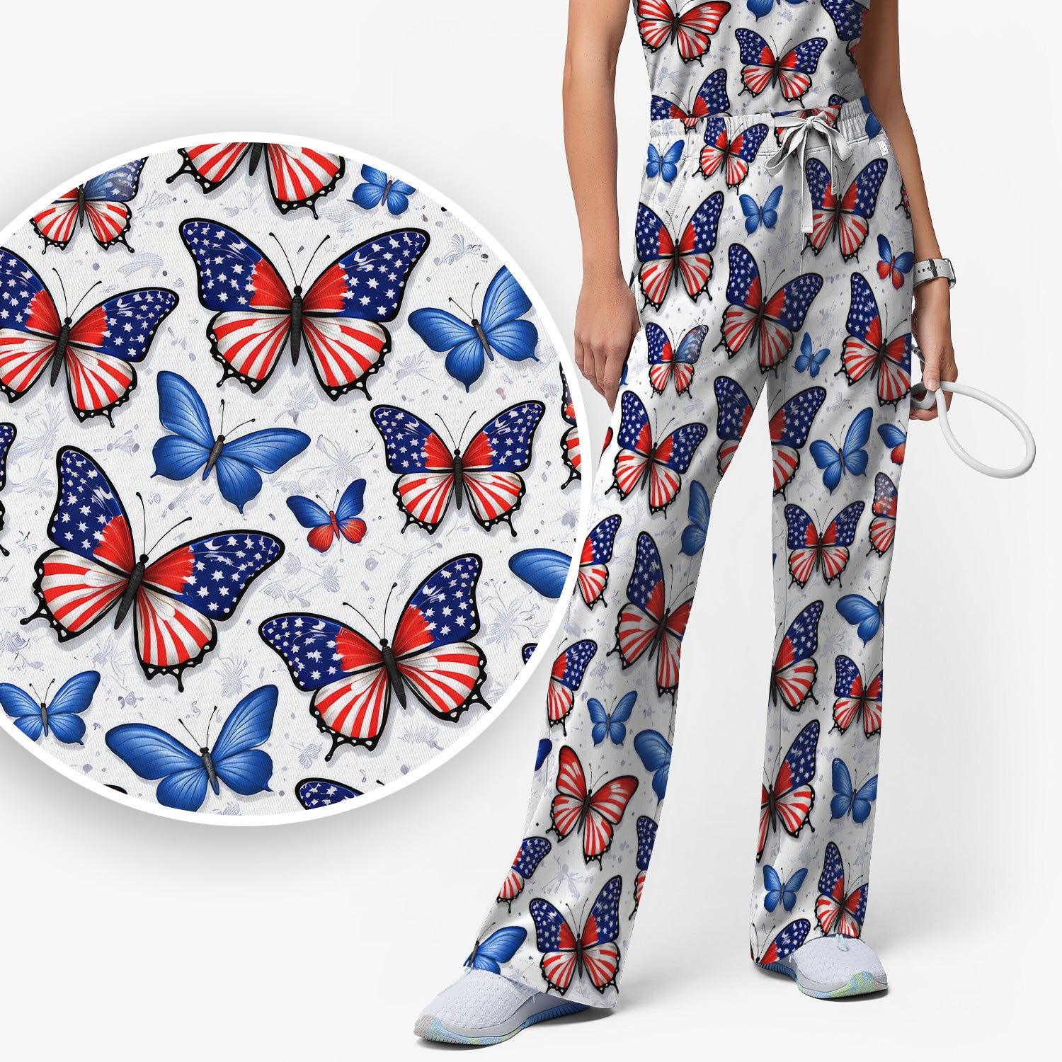 Charming Patriotic Butterfly Star Pattern Scrub Set, Scrub Pants and V Neck Top