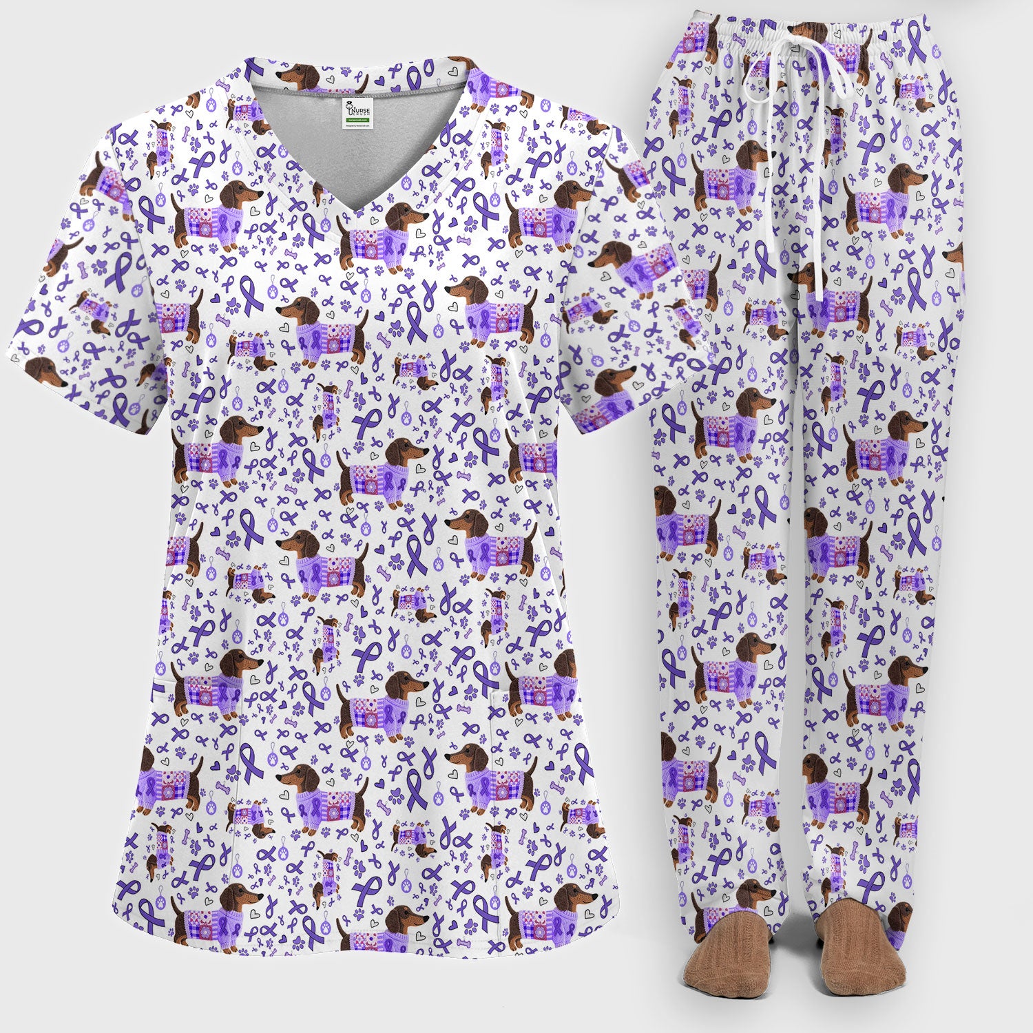 Purple Ribbon Dachshund Scrub Sets - Cute Awareness Dog Paw Prints Scrub Pants and V Neck Top - Support Lupus Cancer Med Uniform