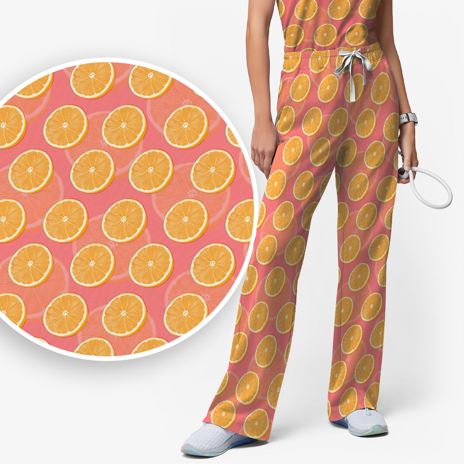Fresh Orange Slice Pattern Scrub Set, Scrub Pants and V Neck Top