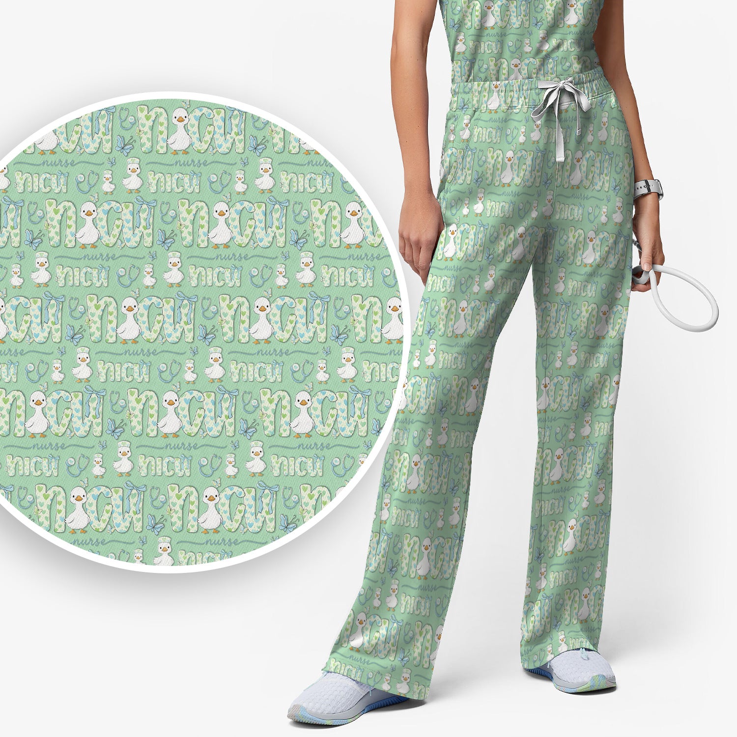 NICU Nurse Duck Pattern Scrub Set, Scrub Pants and V Neck Top