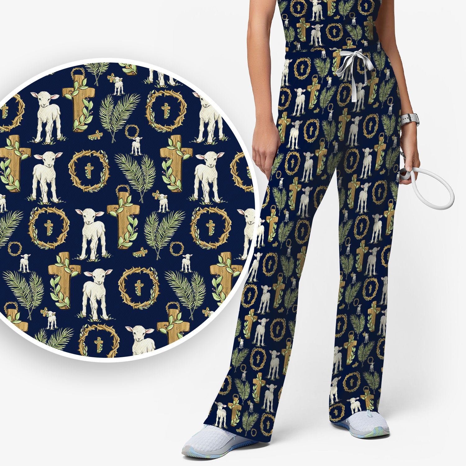 Faith Lamb Cross Pattern Women's Scrub Set, Scrub Pants and V Neck Top