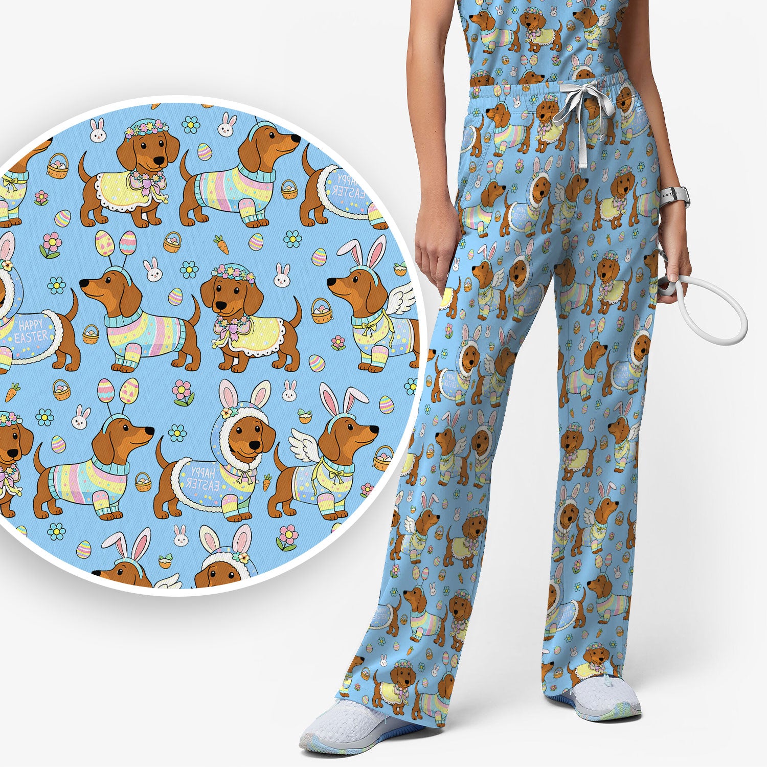 Easter Dachshund Bunny Pattern Scrub Set, Scrub Pants and V Neck Top