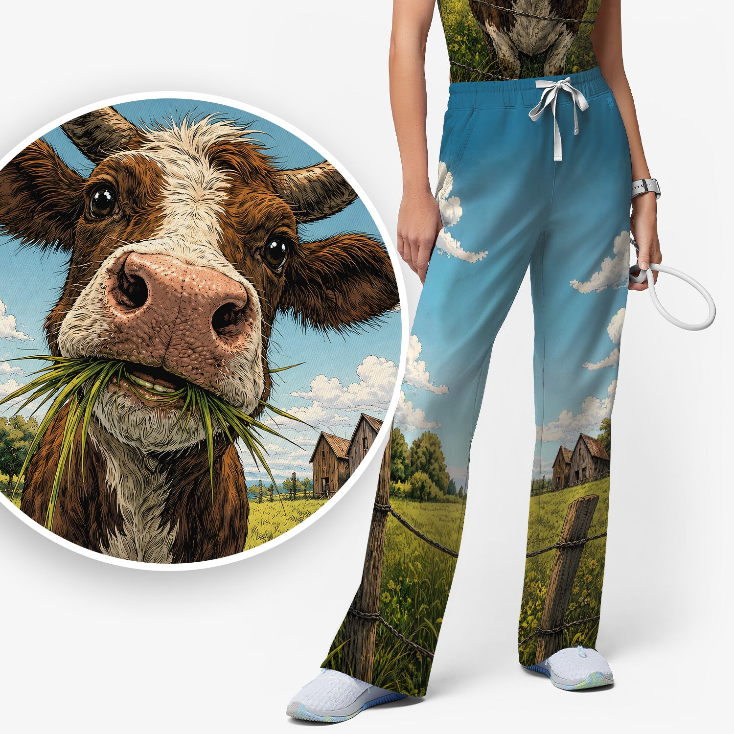 Curious Highland Cow Farm Scene Scrub Set, Scrub Pants and V Neck Top