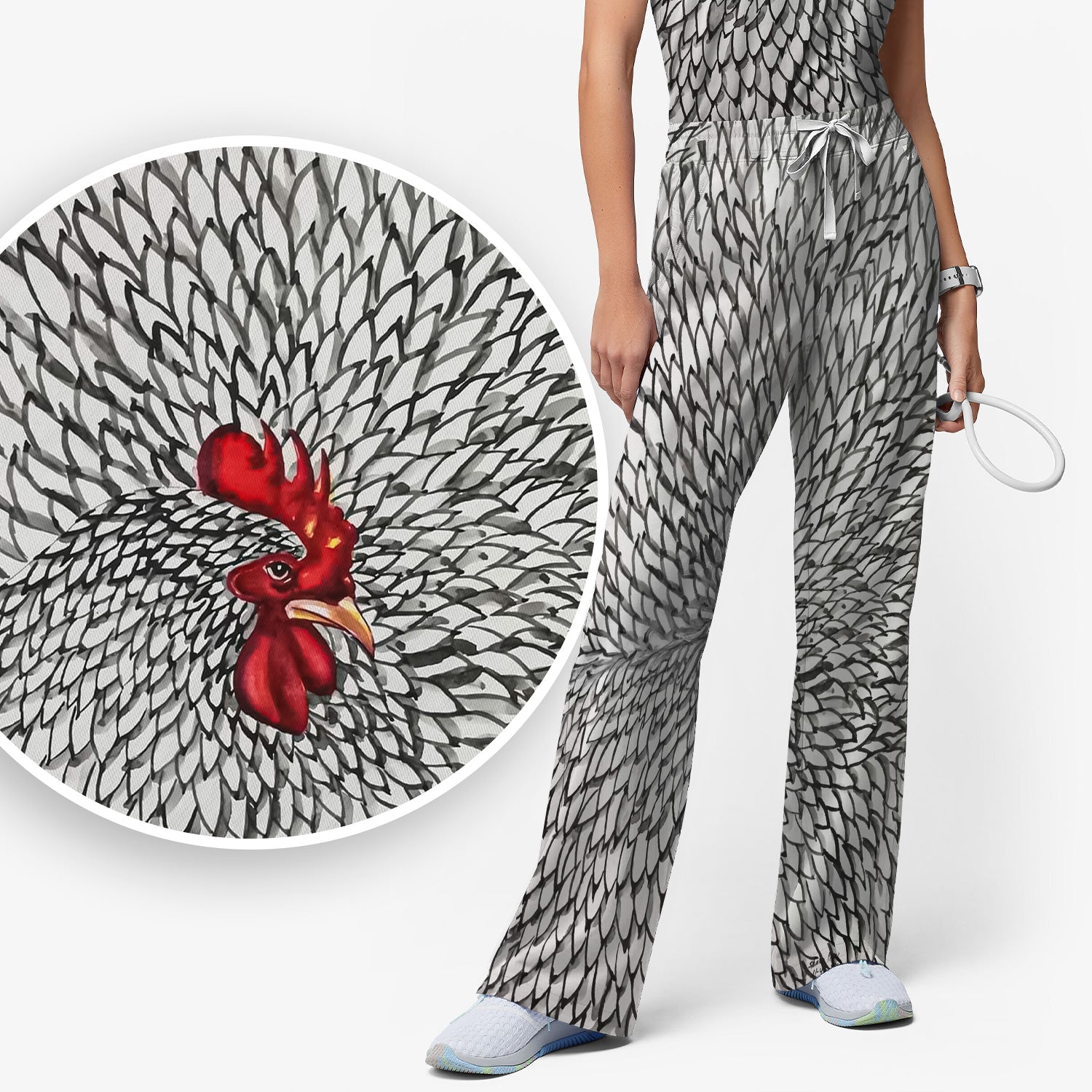 Watercolor Rooster Feather Pattern Scrub Set, Scrub Pants and V Neck Top