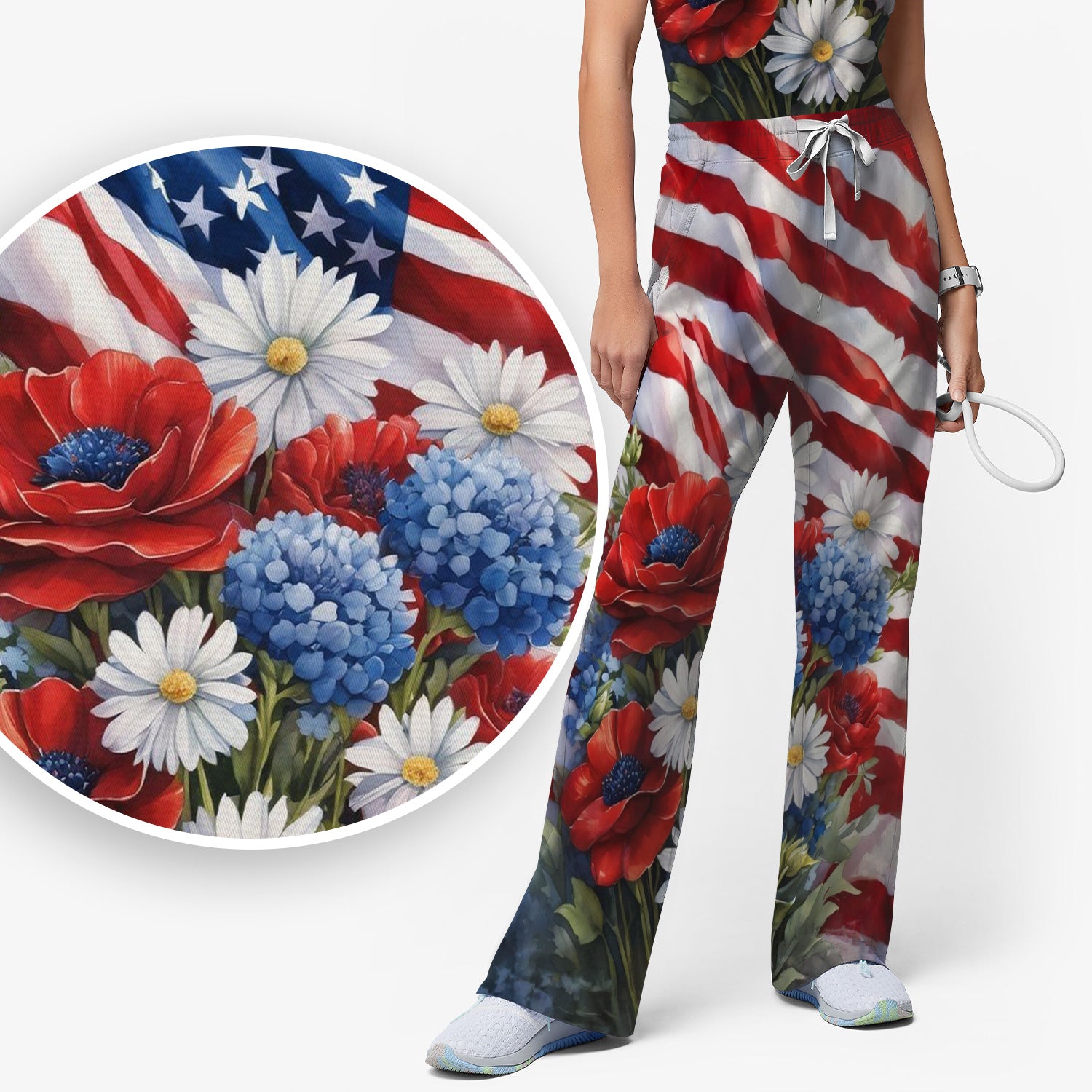 Festive US Flag Floral Bouquet Pattern Scrub Set, Scrub Pants and V Neck Top