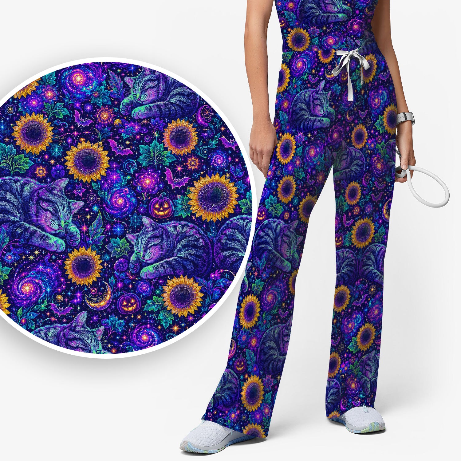 Spooky Galaxy Cat And Sunflowers Scrub Set, Scrub Pants and V Neck Top