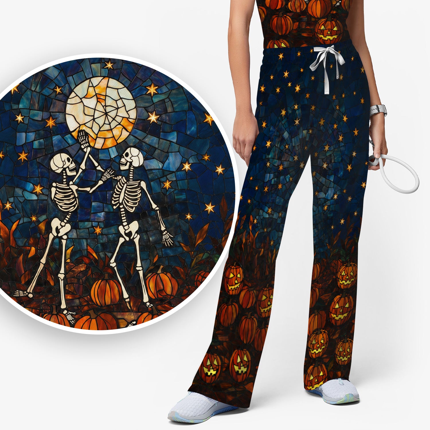 Halloween Skeleton Pumpkin Patch Scrub Set, Scrub Pants and V Neck Top