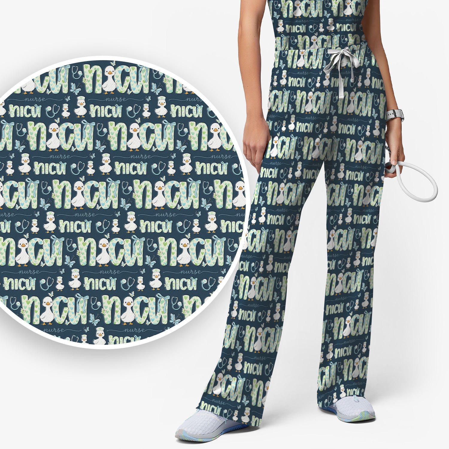 NICU Nurse Duck Pattern Scrub Set, Scrub Pants and V Neck Top