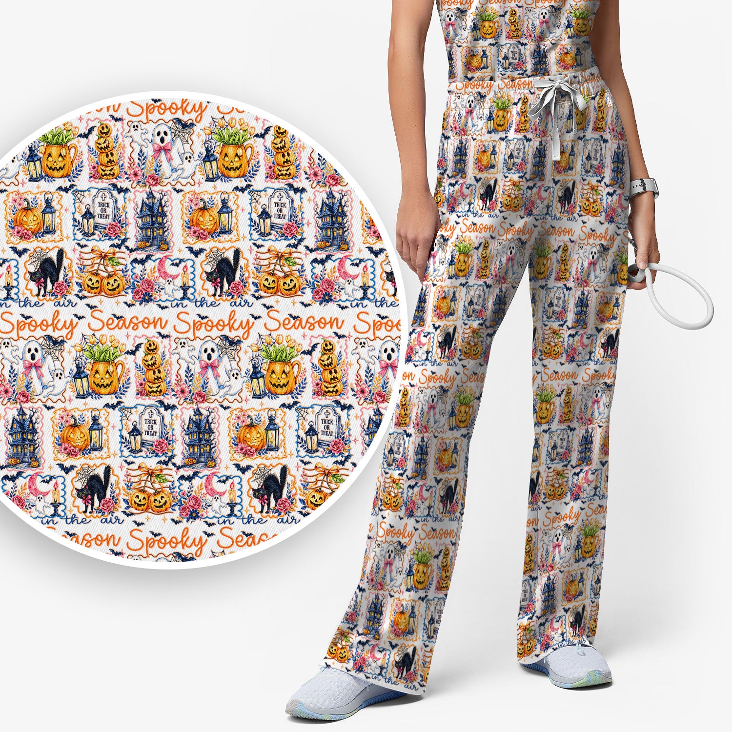 Spooky Halloween Pumpkin Ghost Pattern Scrub Set, Scrub Pants and V Neck Top