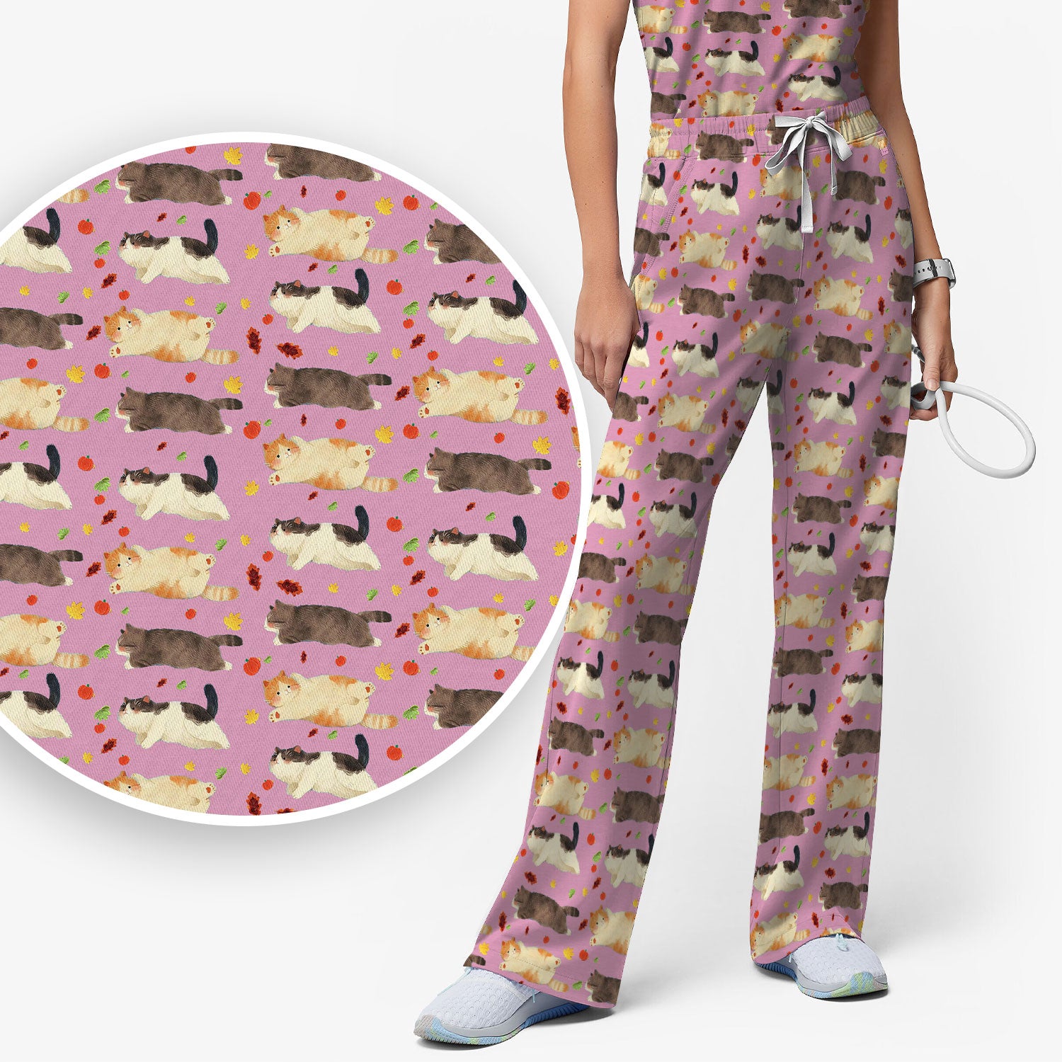 Chubby Cat Autumn Leaves Print Scrub Set, Breathable Med Uniform