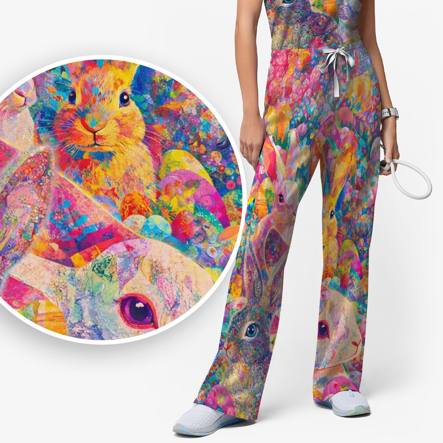 Colorful Artistic Bunny Print Women's Scrub Set, Breathable Med Uniform
