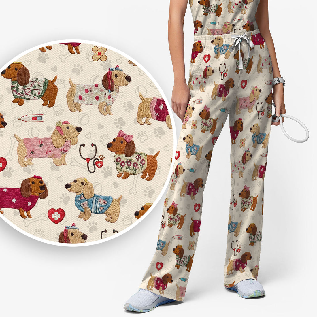 Cute Medical Wiener Dog Pattern Nurse Shirt, Dachshund Nursing Scrub Set, Breathable Fabrics Nursing Uniform