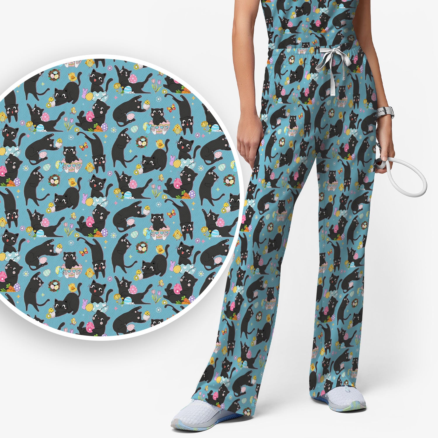 Playful Black Cat Easter Egg Pattern Scrub Set, Scrub Pants and V Neck Top