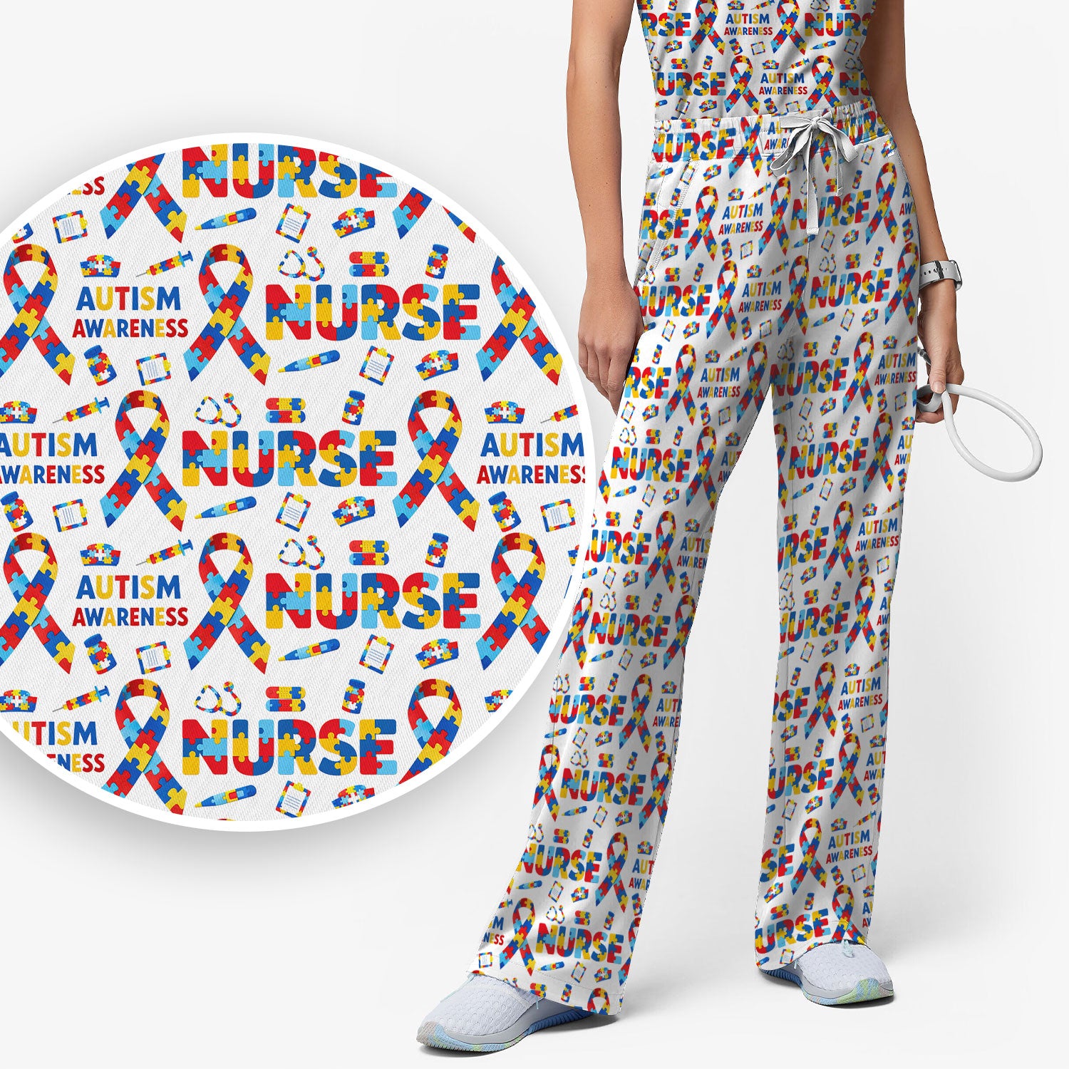 Autism Awareness Nurse Puzzle Ribbon Print Sets,  Breathable Med Uniform