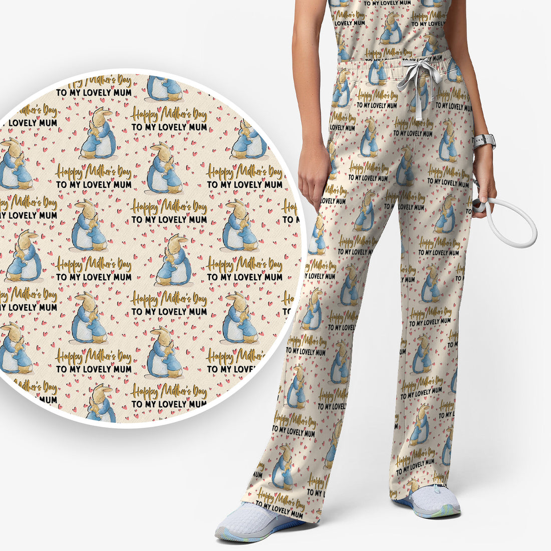 Happy Mothers Day Bunny Love Pattern Scrub Sets, Scrub Pants and V Neck Top