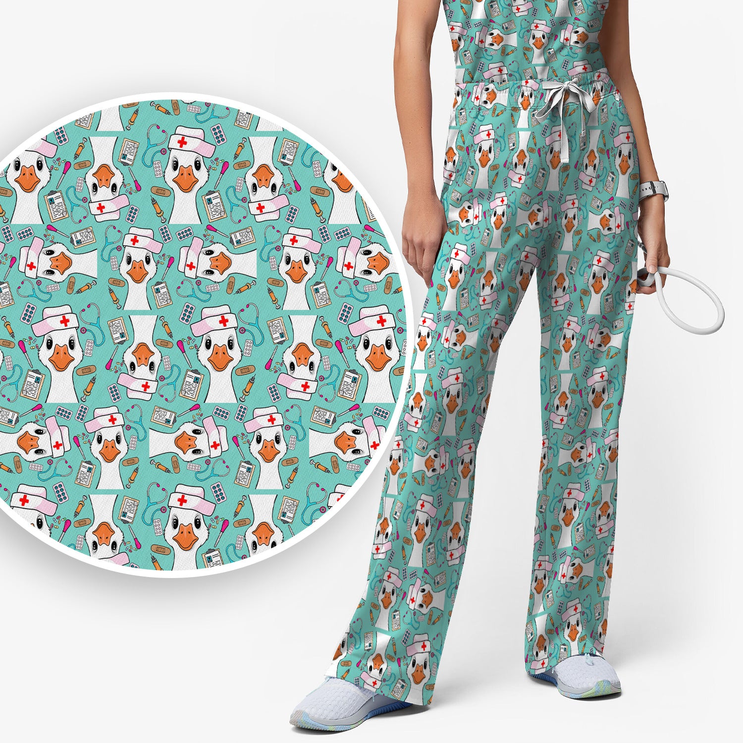 Duck Wearing Hat With Medical Tools Scrub Set, Breathable Med Uniform