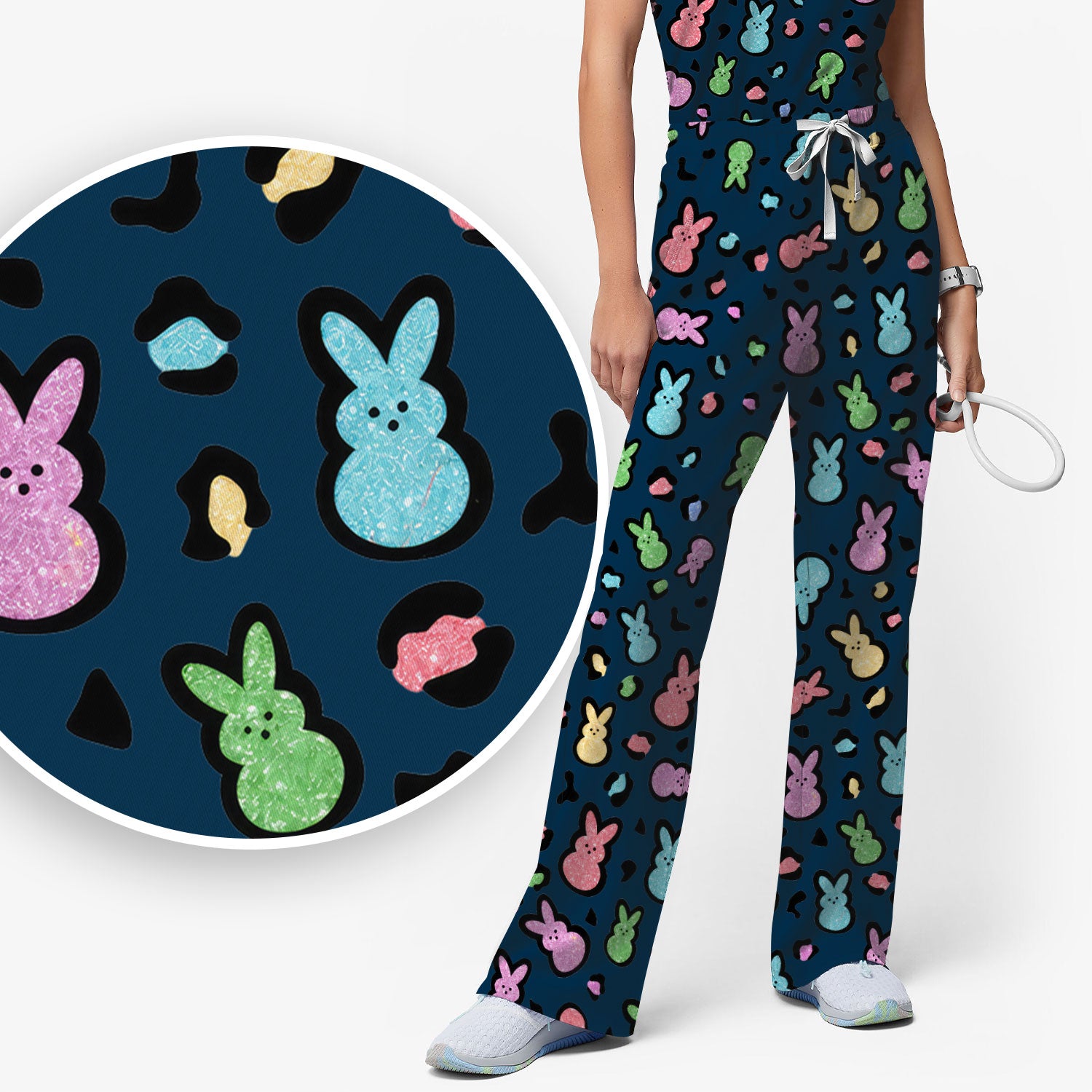 Cute Easter Bunny Pastel Pattern Scrub Set, Scrub Pants and V Neck Top