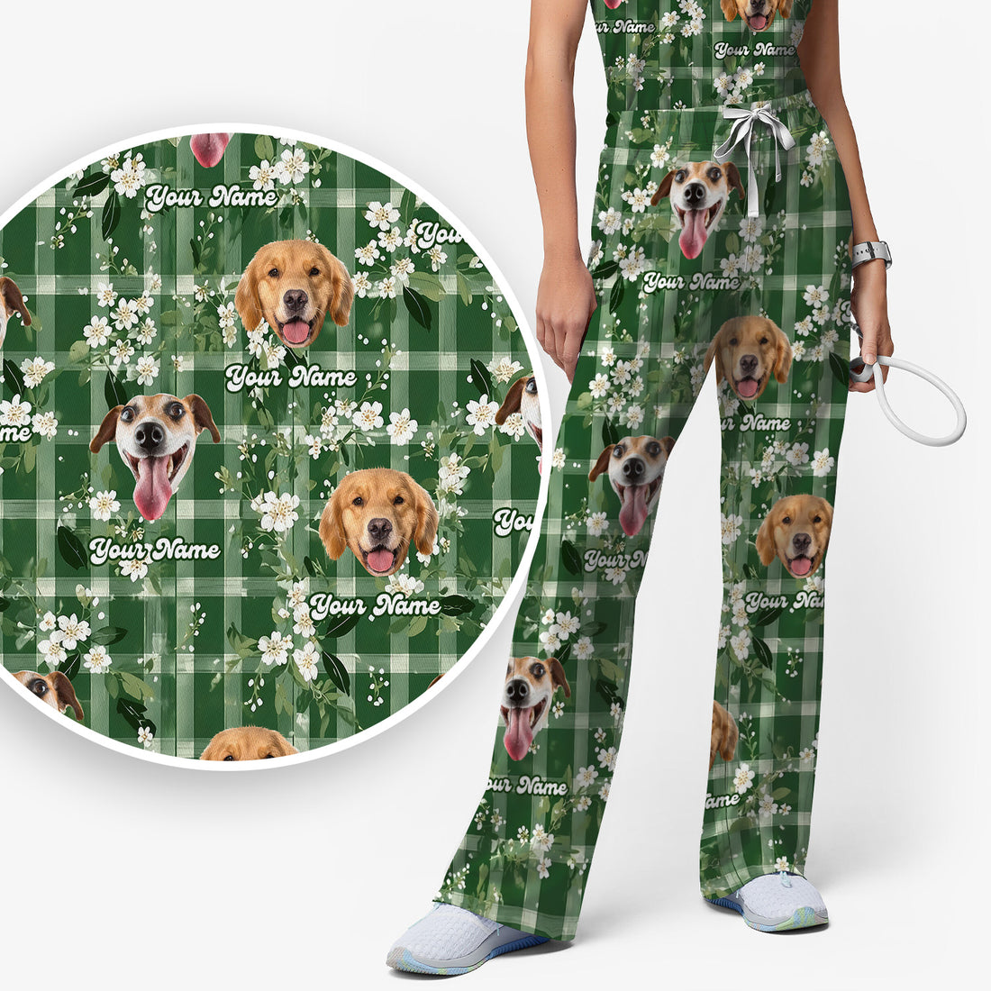 Custom Dog Face Scrub Set, Dog Green Plaid Floral Pattern Shirt, Scrub Pants and V Neck Top