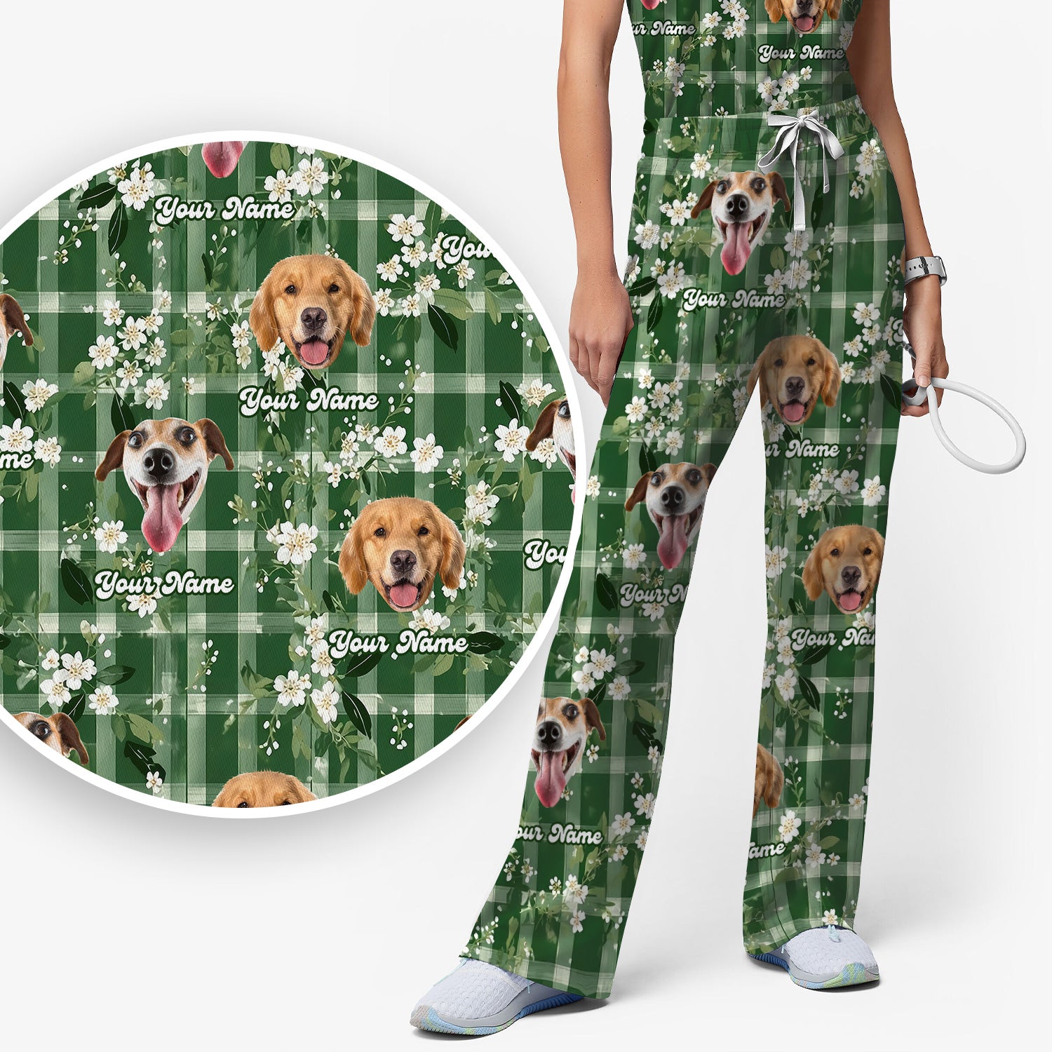 Custom Dog Face Scrub Set, Dog Green Plaid Floral Pattern Shirt, Scrub Pants and V Neck Top
