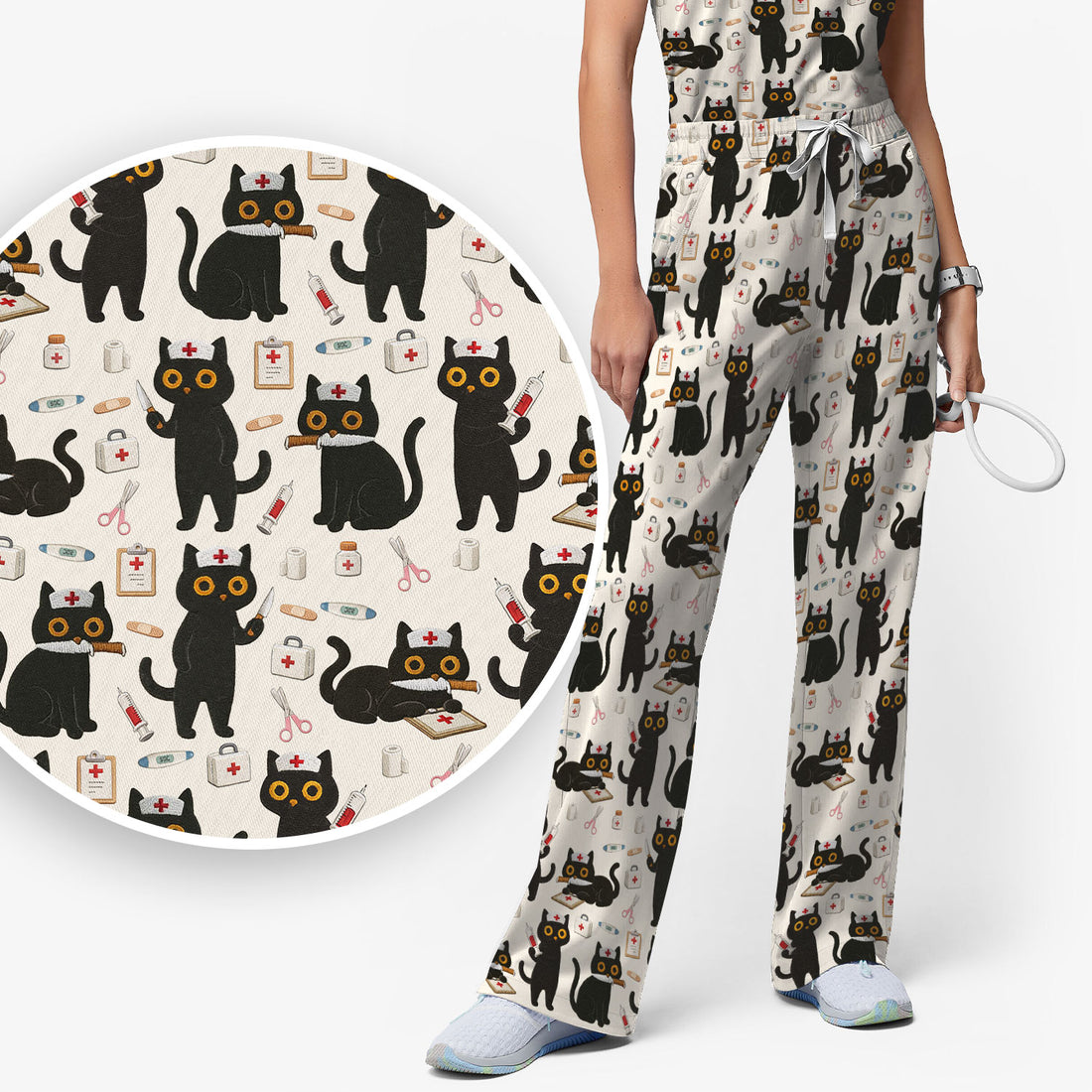 Cute Black Cat Nurse Pattern Women's Scrub Set, Breathable Med Uniform