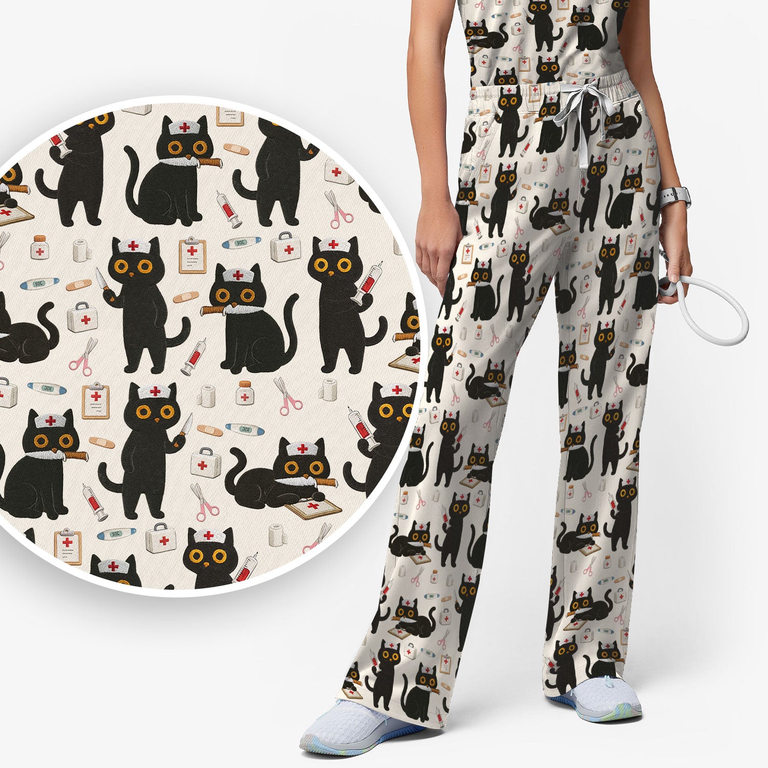 Cute Black Cat Nurse Pattern Women's Scrub Set, Breathable Med Uniform