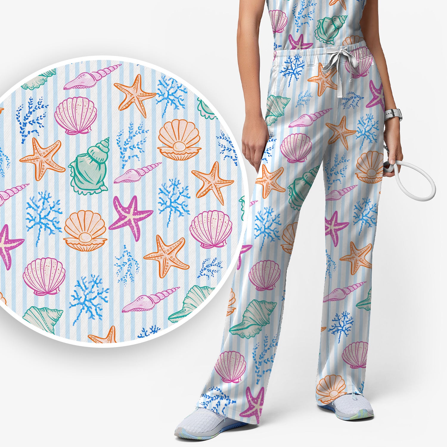 Colorful Seashell Starfish Ocean Stripe Pattern Scrub Set, Women's Scrub Sets