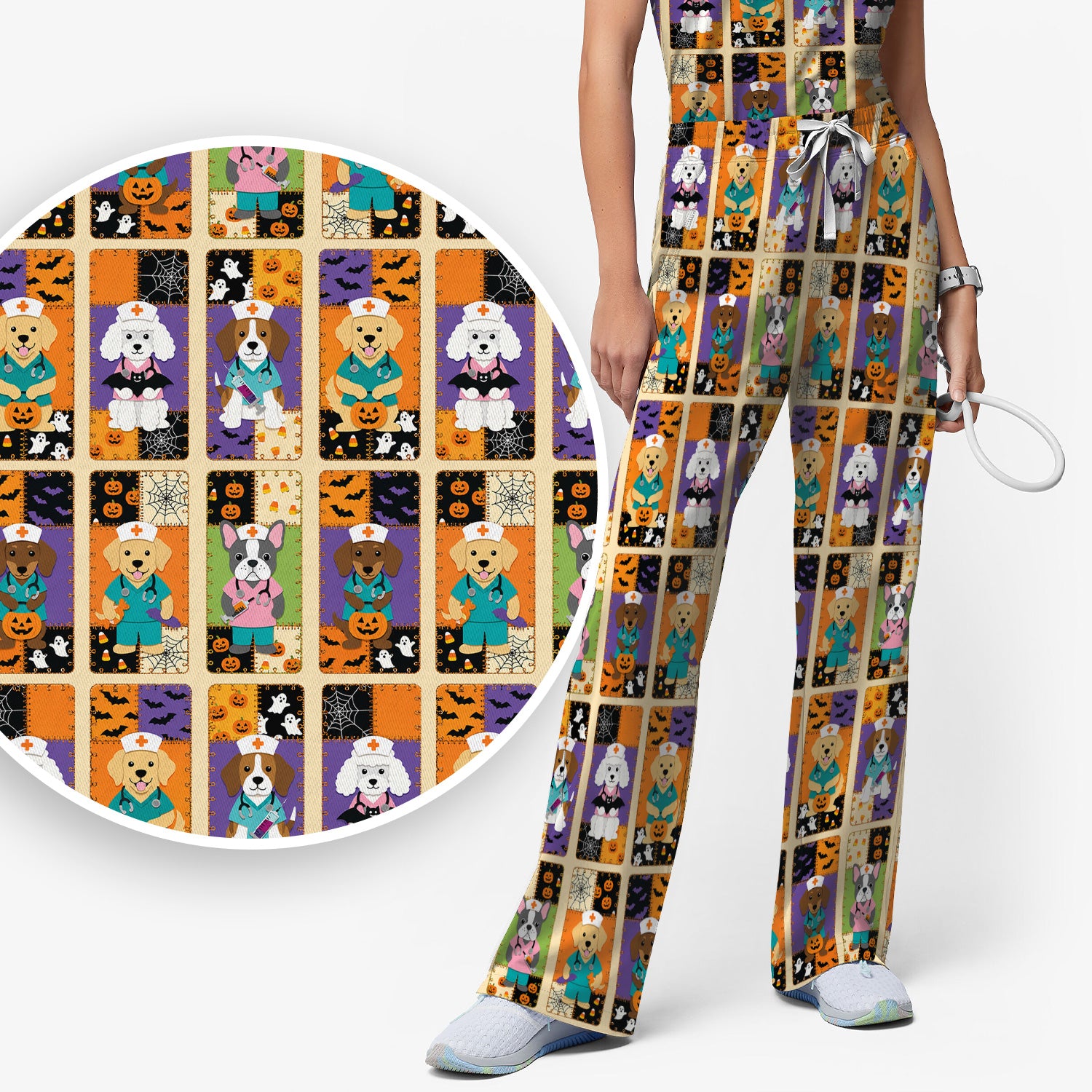 Spooky Halloween Dog Veterinary Scrub Set, Scrub Pants and V Neck Top