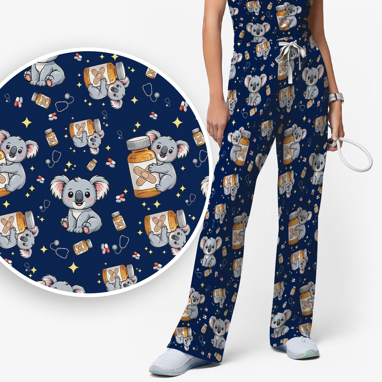 Cute Koala Nurse Bandage Medicine Print Scrub Set, Breathable Med Uniform