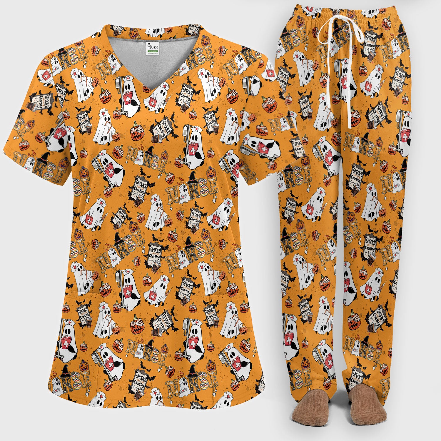 Halloween Women's Scrub Sets - Spooky But Still Charting Boo Nurse - Funny Scrub Pants and V Neck Top - Breathable Med Uniform