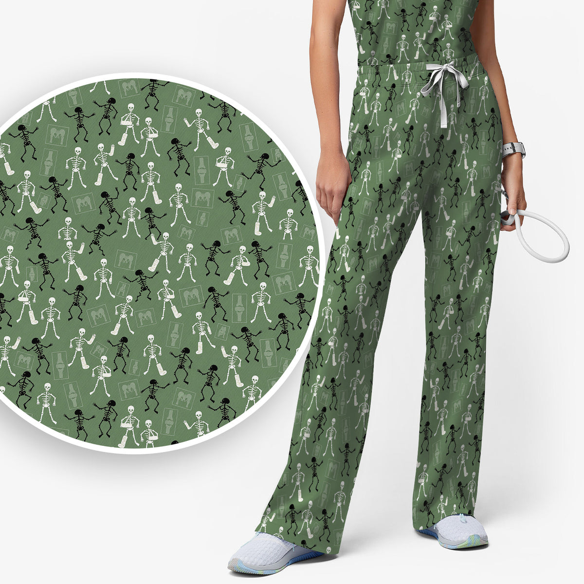 Halloween Orthopedic Skeleton Scrub Set, Scrub Pants and V Neck Top for Orthopedic Nurses