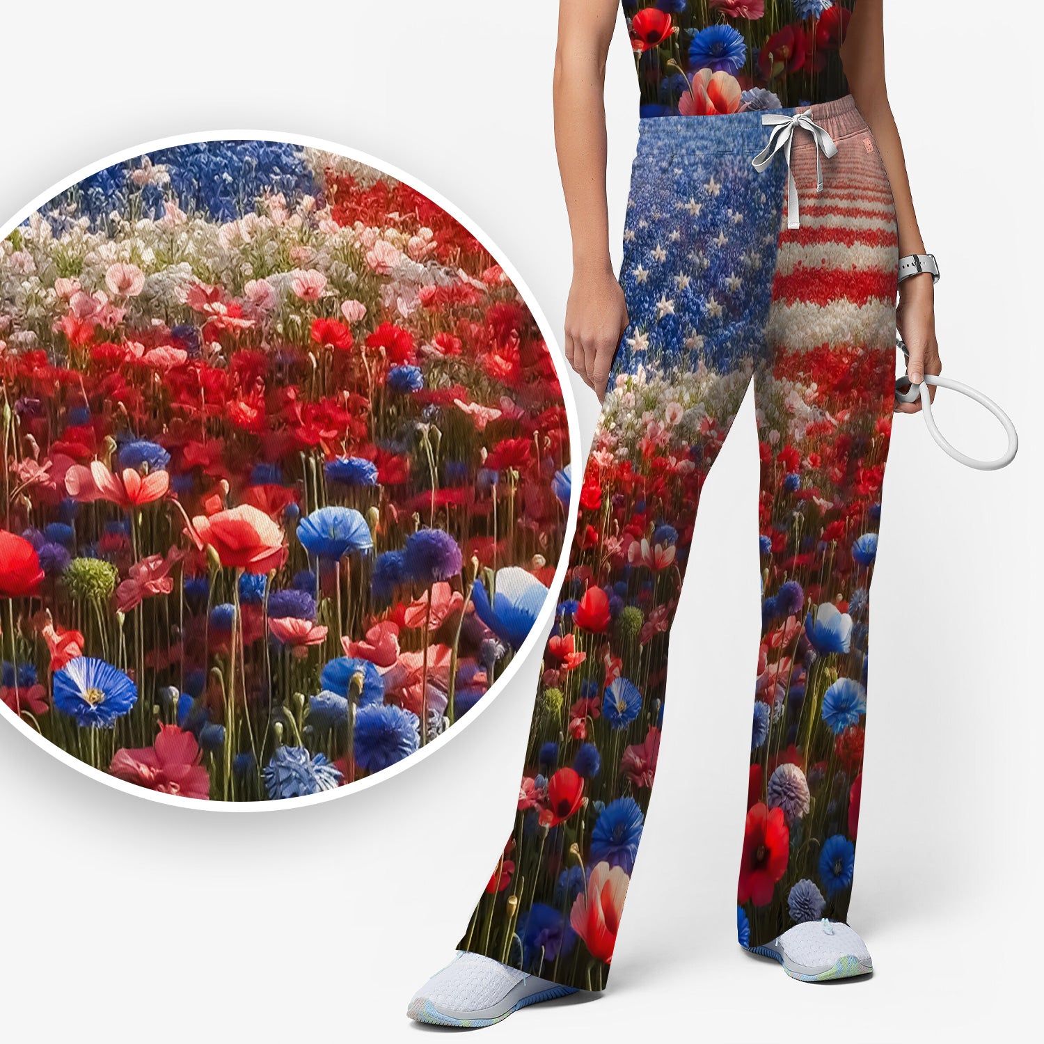 Festive Nurse American Flag Wildflower Field Scrub Set, Scrub Pants and V Neck Top