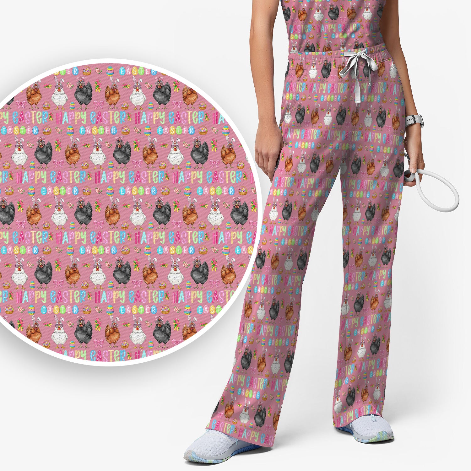 Happy Easter Bunny Eggs Pattern Scrub Sets, Scrub Pants and V Neck Top