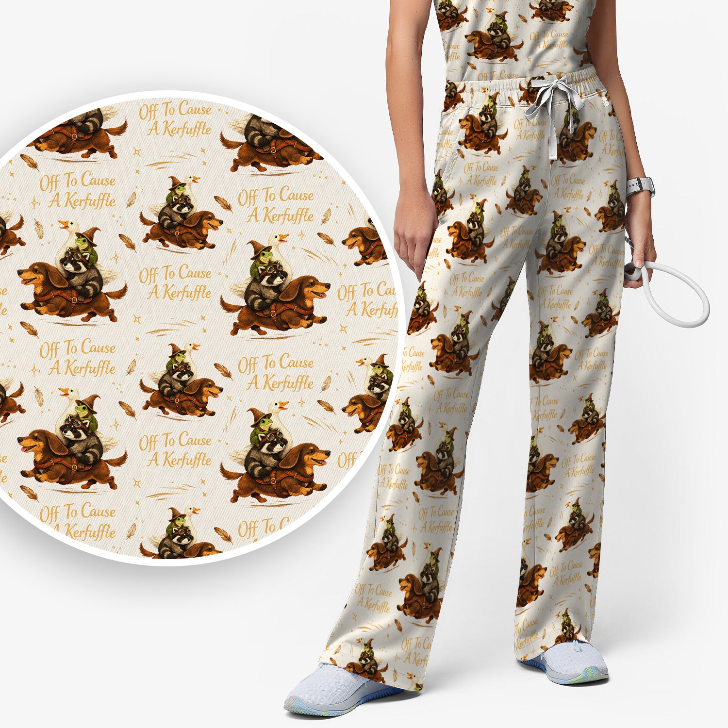 Funny Halloween Off To Cause A Kerfuffle Pattern Scrub Set, Scrub Pants and V Neck Top
