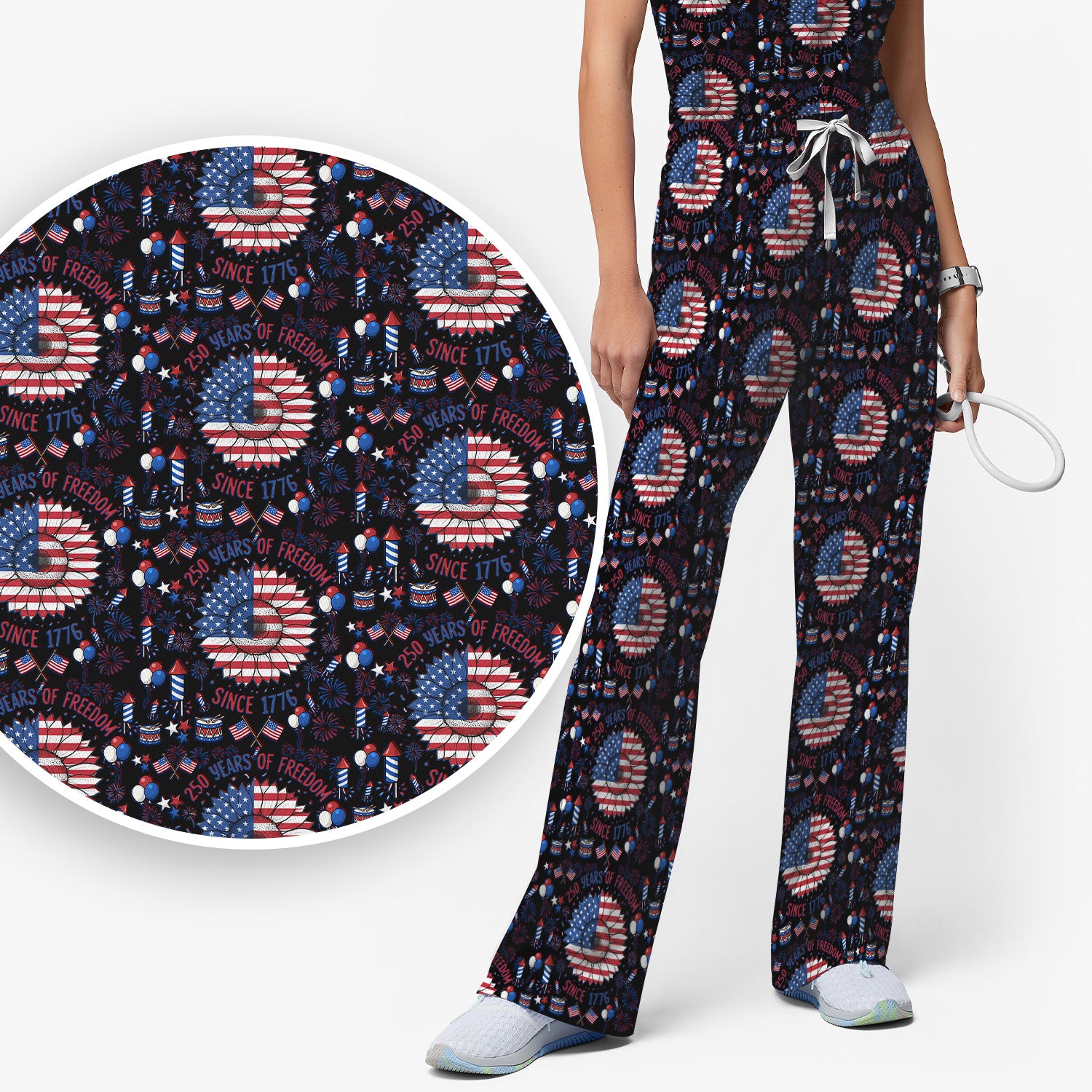 Festive Patriotic Sunflower American Flag Fireworks Pattern Scrub Set, Breathable Med Uniform